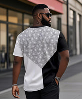Men's Plus Size Daily Casual Black And White Grey Patchwork Geometric Print Henry Collar Button Short Sleeve T-Shirt